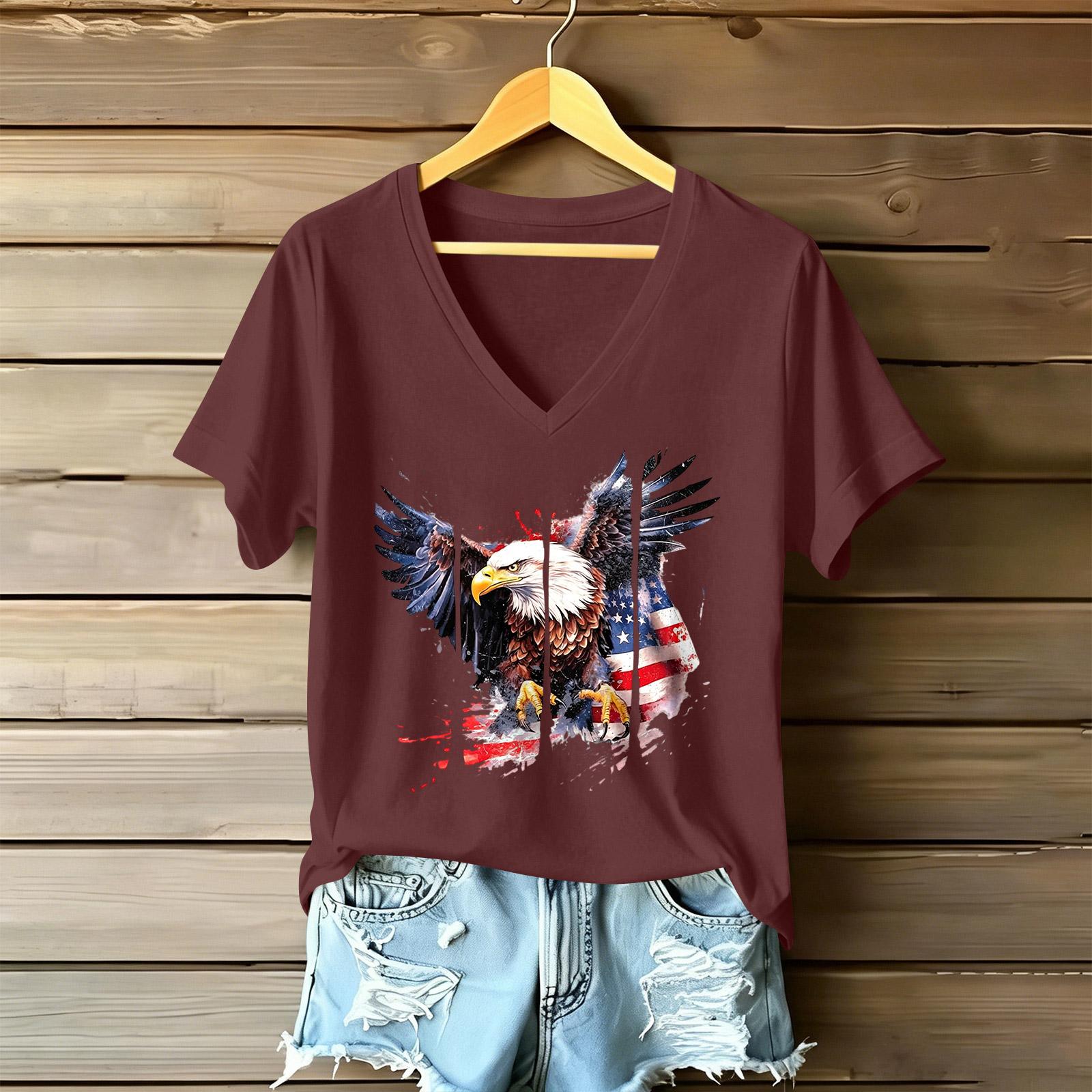 

Women s Fashionable V-Neck Casual Retro Print Short Sleeved T-shirt Top L винний