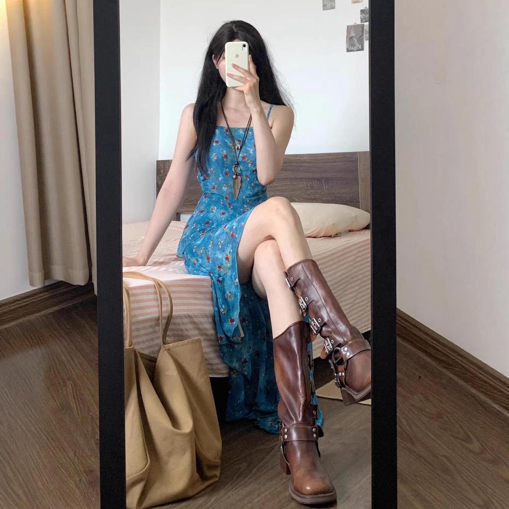 Retro Floral Spaghetti Strap Summer Dress for Women - Irregular, Waist-Cinching A-Line Design