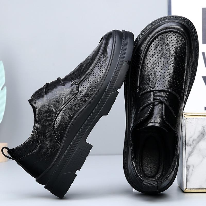Foot width big head leather shoes men's spring and summer men's shoes new breathable trend versatile thick sole business dress casual shoes