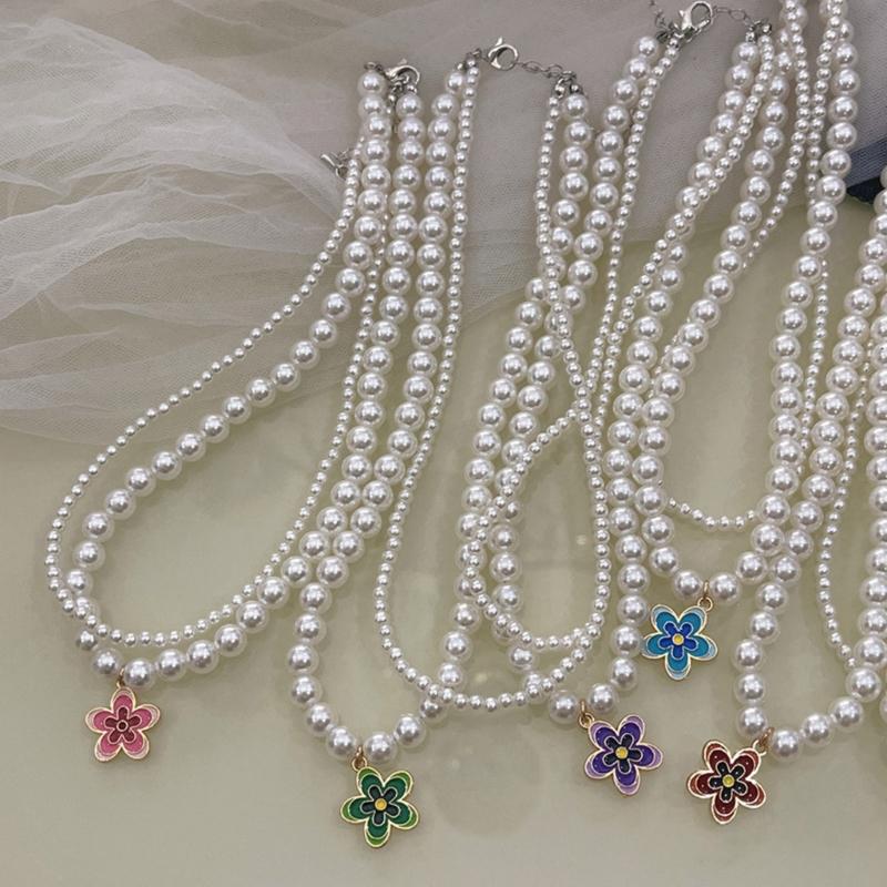 Y2K Style Double Layered-Pearl Clavicle Chain Flower Pendant Choker Necklace Fashion Jewelry Gift Dainty Beaded Necklace