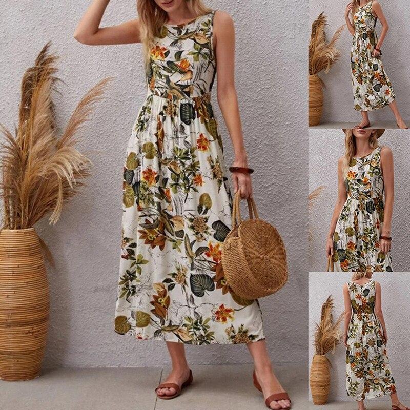 Abito Lungo Estivo in Cotone Stile Inglese con Stampa Floreale Senza Maniche per Donna Albicocca Casual a Vita Alta