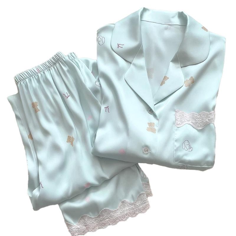 Summer Fresh Bear Print Pajamas Women'S Cool Feeling Ice Silk Short Sleeves Trousers Loungewear