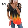 Top da Donna in Seta di Latte T-shirt Estiva Scollatura a V Maniche Corte con Traforo e Decorazioni di Strass Orlo Ampio Colore a Contrasto Degradé Taglia Grande
