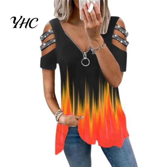 Top da Donna in Seta di Latte T-shirt Estiva Scollatura a V Maniche Corte con Traforo e Decorazioni di Strass Orlo Ampio Colore a Contrasto Degradé Taglia Grande
