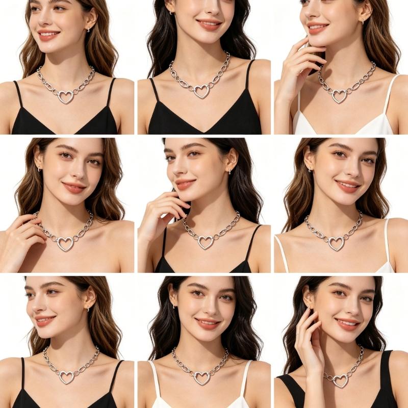 Open Heart Pendant Necklace for Women, Silver Tone Link Chain Jewelry with Adjustable 31-40 Cm Length for Daily Outfits and Gift Use