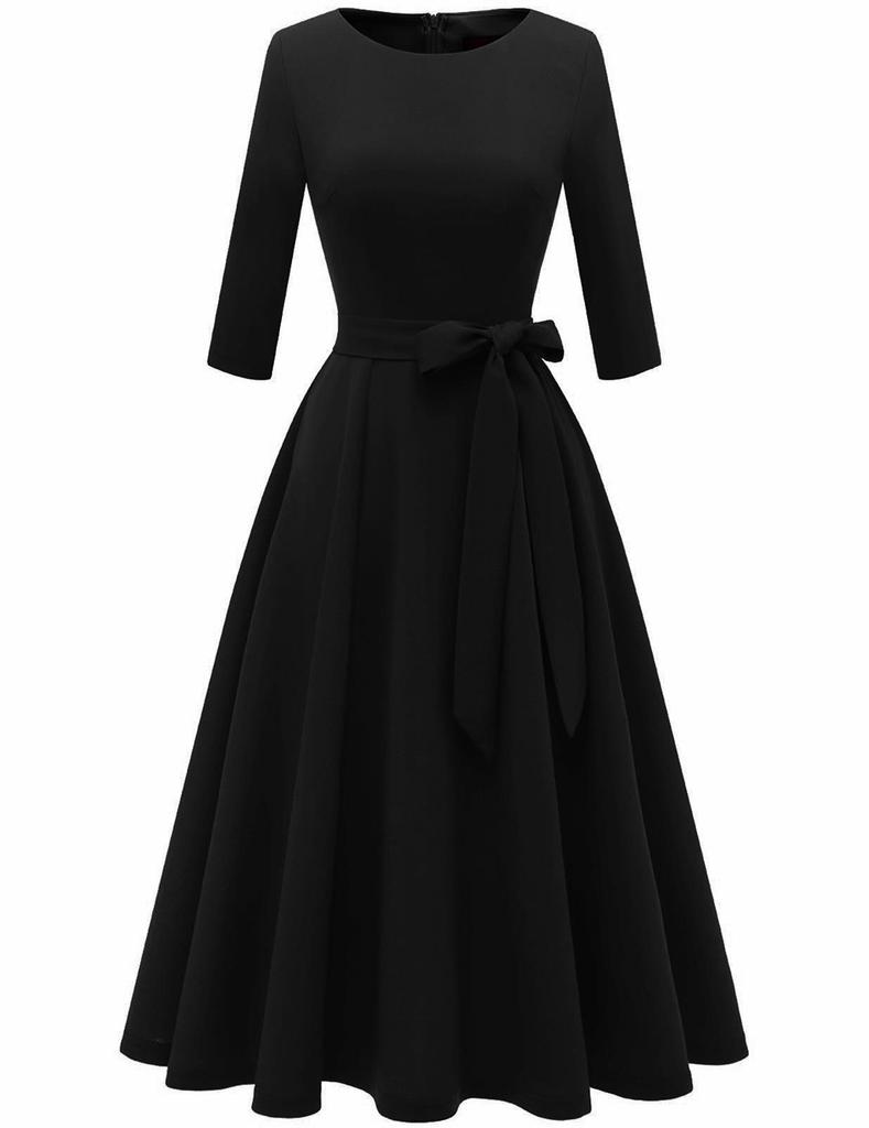 Garden Collar Seven-Sleeve Women's Evening Gown with Wide Hem Skirt - Solid Color Vacation Dress