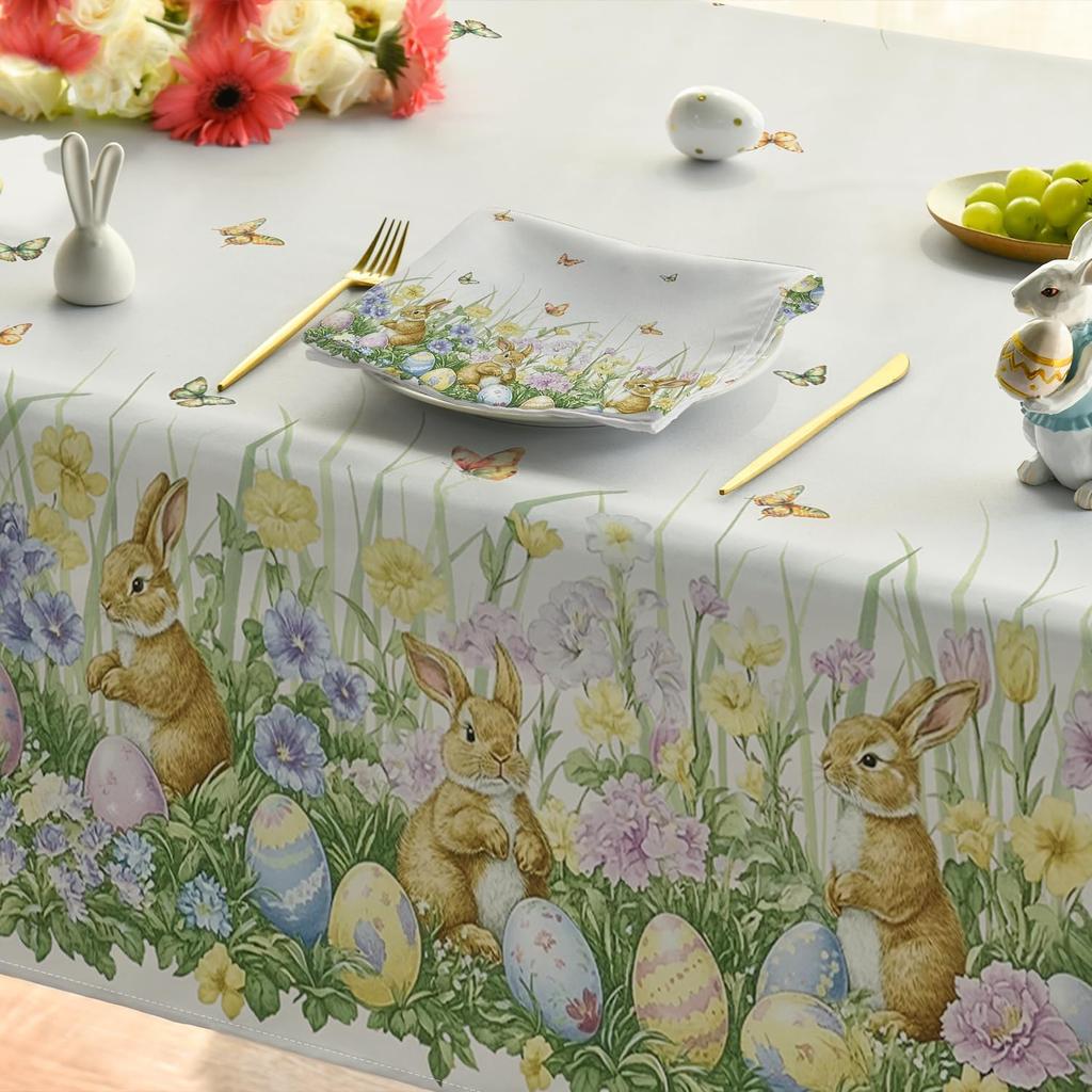 Easter Bunny Eggs Rectangle Waterproof Tablecloth Party Decor Washable Spring Kitchen Dining Tablecloth Easter Decorations