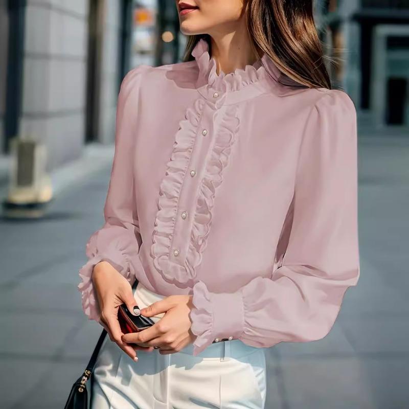 YYFS Women's Fashion Casual Spring Fall Solid Color Print Long Sleeve Stand-Neck Blouses & Shirts