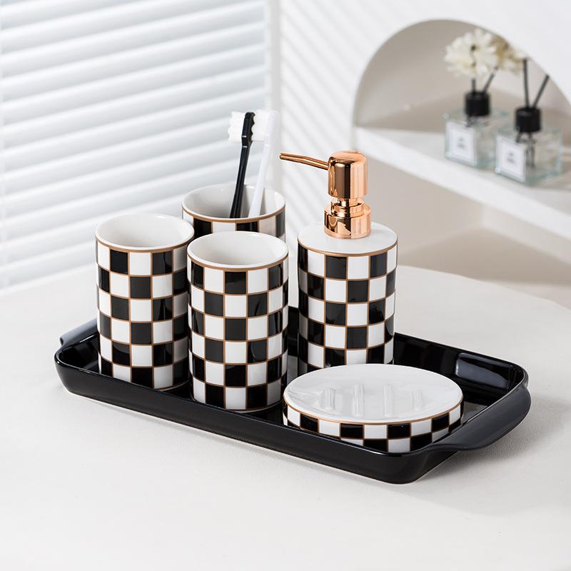 Black and white grid ceramic wash set mouthwash cup light luxury hotel bathroom brush cup soap dispenser dispenser bathroom