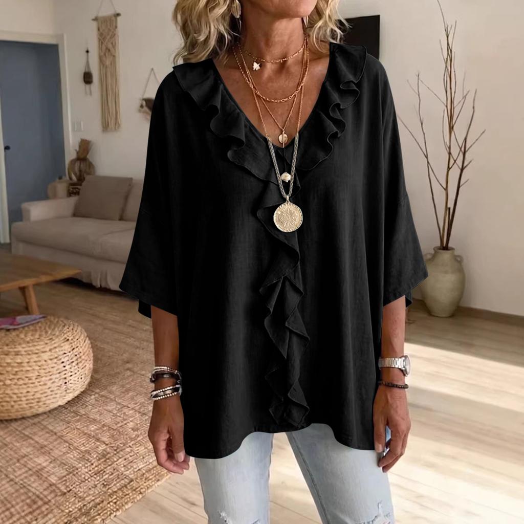 Women's Color Ruffle V-Neck Casual Three-Quarter Sleeve Blouse