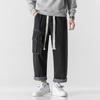 Men Summer Casual Jeans Elastic Drawstring Waist Straight Wide Leg Denim Pants Multi Pockets Design Long Trousers Streetwear