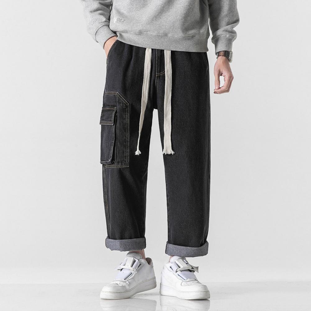 Men Summer Casual Jeans Elastic Drawstring Waist Straight Wide Leg Denim Pants Multi Pockets Design Long Trousers Streetwear