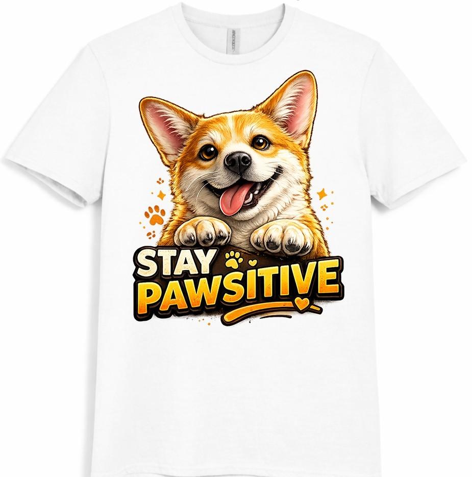 Corgi Dog T-Shirt Stay Pawsitive Funny Pet Lover Gift Cute Puppy Graphic Tee