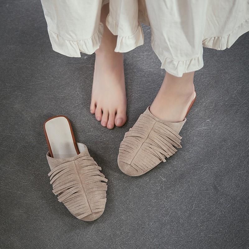 Johnature Chinelos Planos de Moda com Franjas em Camurça de Vaca Leves Confortáveis e Versáteis Sapatos Slip-on Femininos