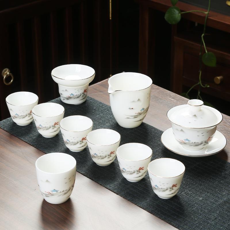 Ceramic suet jade porcelain kung fu tea set with gifts for home use