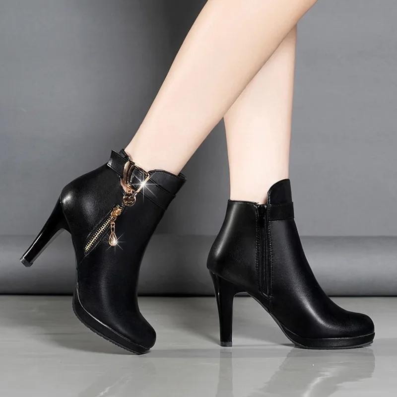 Winter Booties Women  New Genuine Leather Fashion Platform Shoes For Woman  High Heel Boots Dress Shiny Office  Ankle Boots