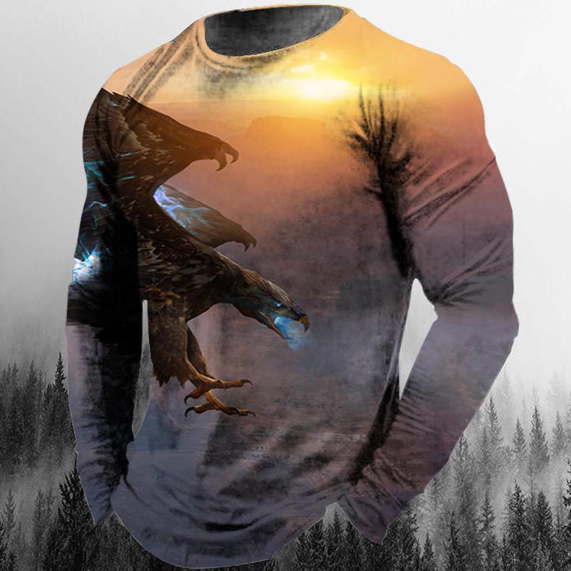 Spring and Autumn Round Neck 3D Animal Eagle Graphic Printed Top Fashionable Casual Hip Hop Long Sleeved Men's T-shirts