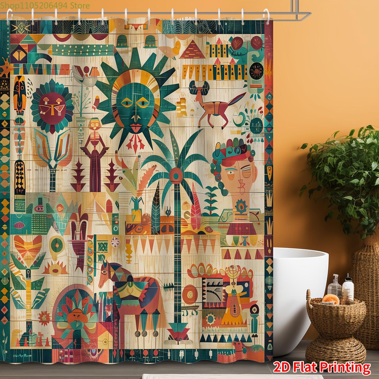 

1Pc 2D Flat Printing Abstract Medieval Bohemian Landscape Pattern Shower Curtain, 12-Hook Bathroom Decor, Home Decoration, Bat W60H190(CM)-1 Pcs