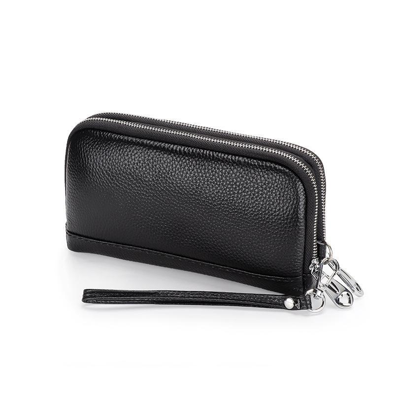 Women Genuine Leather Long Wristlet Clutch Purse 2 Layer Zipper Easy To Clean Phone Cash Bag for Mom Daily Use