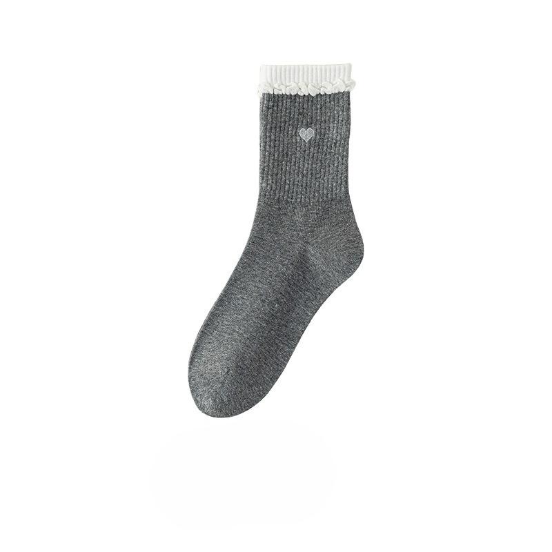 

Вышитый бутон в форме сердца, Расклешенные двухслойные гольфы до середины икры, Серые махровые носки, Бесшовные длинные носки, Милые кружевные носки 1 pair темно-серого