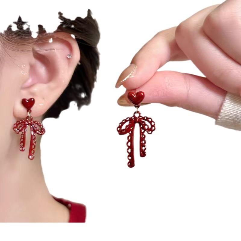 Retro Burgundy Love Bow Earrings Female Hong Kong Style Niche High-End Stud Earrings Daily Commute Versatile Earrings