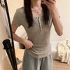 American Retro Striped Henry Collar Button Short-sleeved T-shirt Women's Summer New Slim-fit Pure Desire Versatile Top