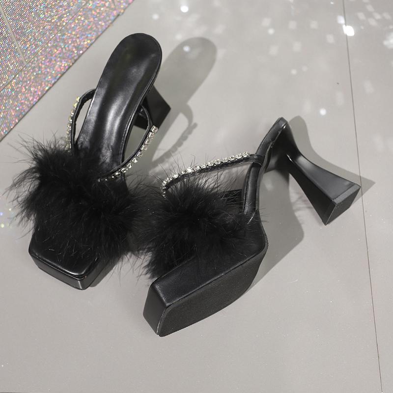 2025 NEW Ladies High Heel Slippers Women New Style Thin Heel Platform Square Head Thick Bottom Black Hairy Sandals Shoes Women