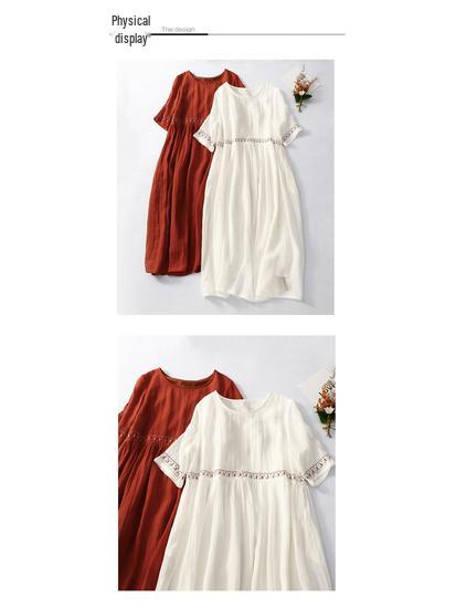 2025 Summer Women's Plus Size Ramie Embroidered Loose Retro Dress (Unlined)