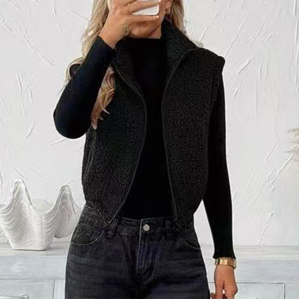 Damen Mode Ärmellos Reißverschluss Plüsch Weste Kurze Strickjacke Jacke Farbdruck
