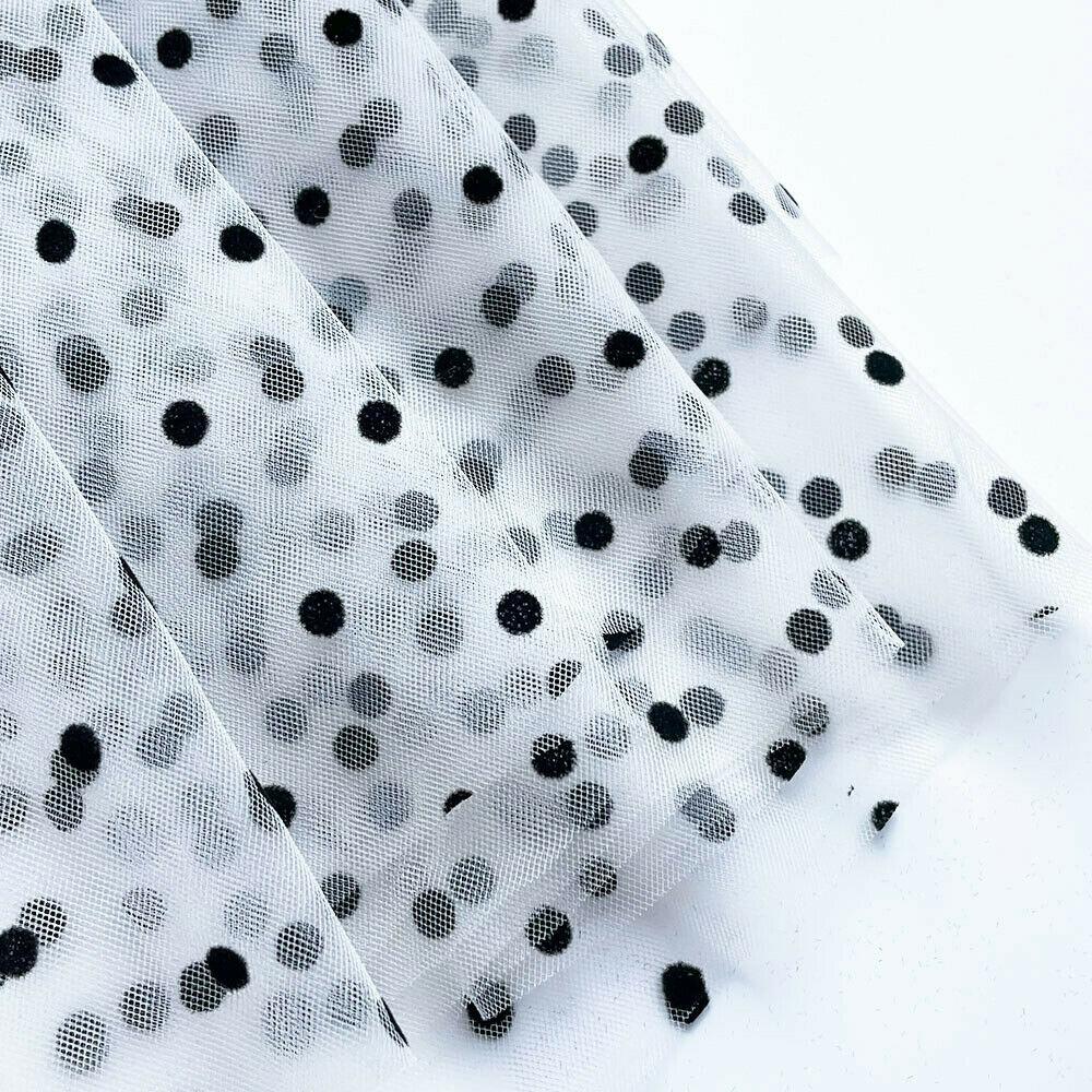 Lace Fabric Soft Velvet Flocking Mesh Voile Tulle Net Mini Black Polka Dot for DIY Sewing Dress Garment Wedding Decor Material