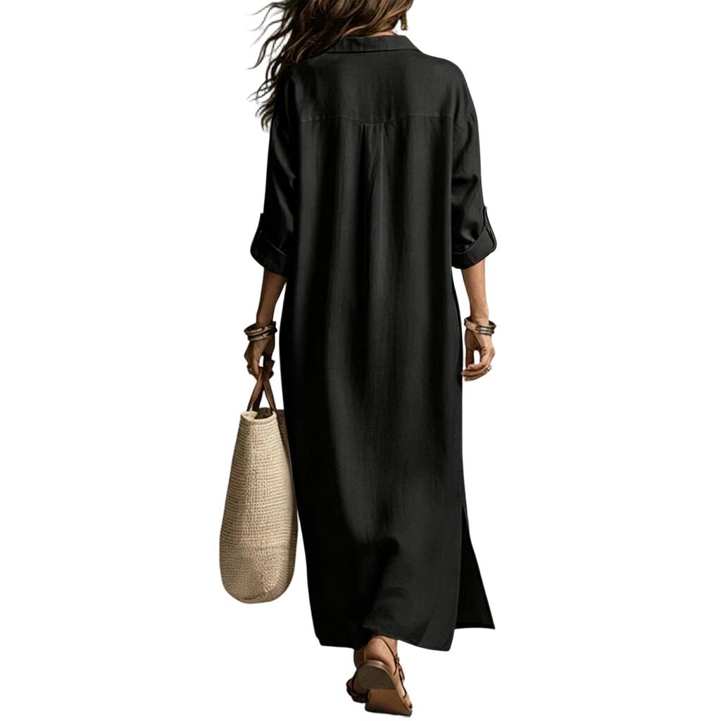Women’s Long Sleeve Shirt Dress Linen Cotton Collared Maxi Dress Loose Fit Spring Summer Casual Style