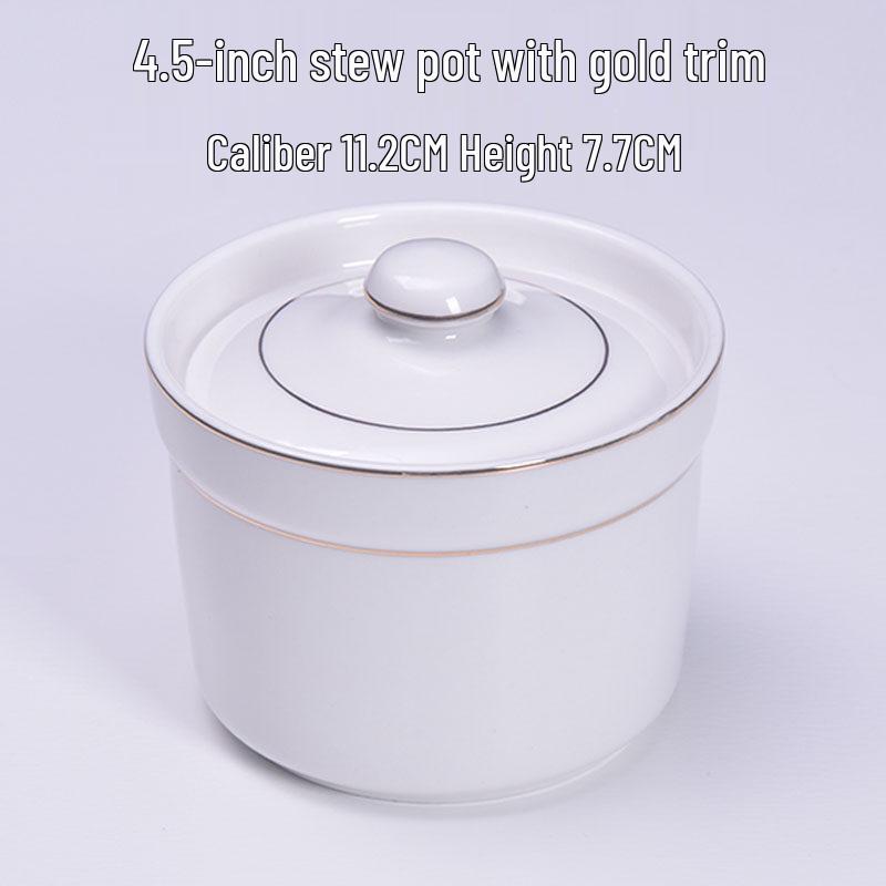 Gold-Trimmed Ceramic Water-Bath Stew Pot with Lid - Includes Egg Steaming and Bird's Nest Bowls, Round Soup Cooker for Home or Hotel Use.