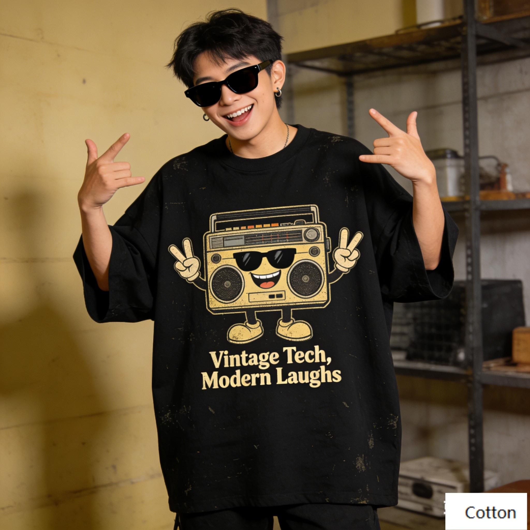

Oversized Black Cotton TShirt with Bold Retro Boombox Cartoon Graphic Unisex Streetwear Tee for Unisex and Women 4XL