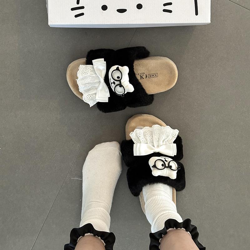 Bear lace bow girl fluffy slippers outer wear autumn and winter cute cartoon thick-bottomed indoor one-word slippers