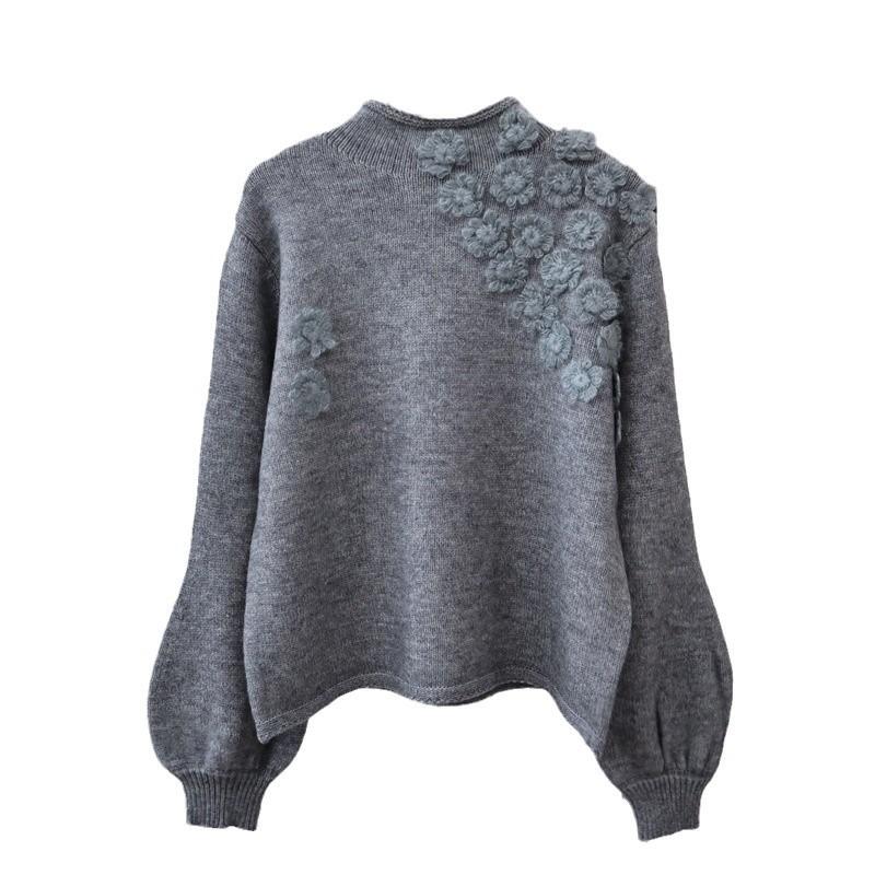 Autumn and winter new three-dimensional flower knitted sweater top soft waxy loose design semi-turtleneck sweater pullover women