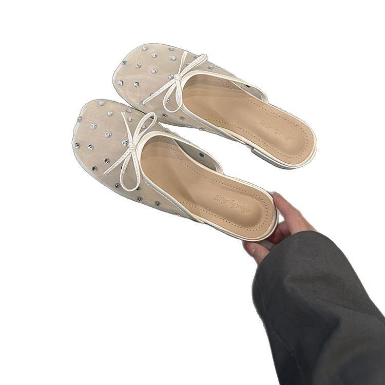 Nai Pai French temperament flat bottom gentle evening half slippers women's summer wear bow-tie ballet bag head cool slippers