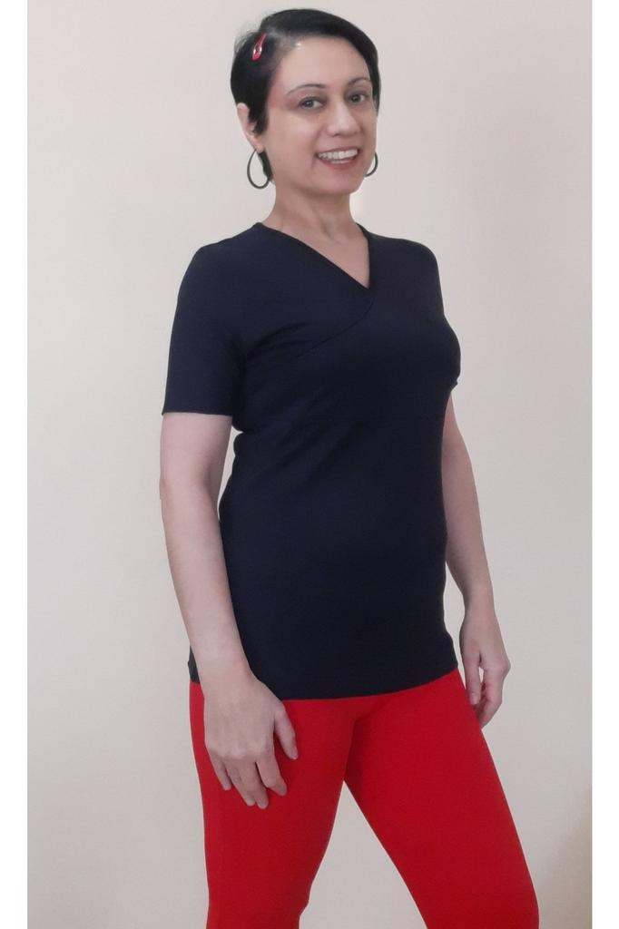 Tricou de mărime mare pentru femei Tricou negru din bumbac pieptănat, din viscoză, cu două pieptări în față