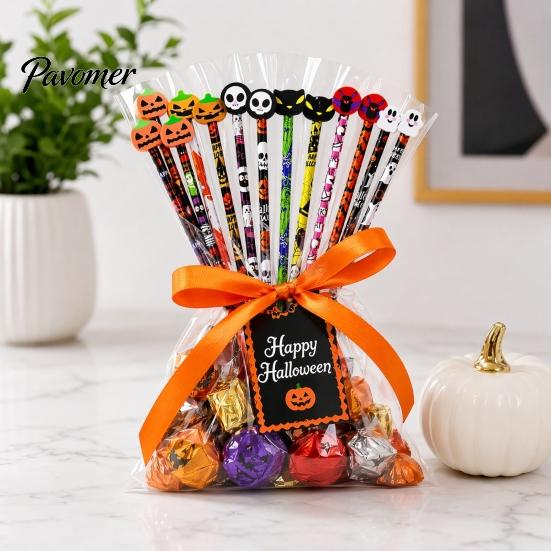 Kids Halloween Stationery 12 Pcs Pencils with 3D Skull Ghost Pumpkin Cat Erasers, Wood Bulk for Goodie Bags, School Classroom Rewards Supplies