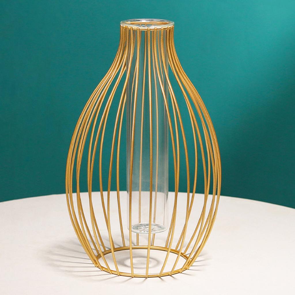 Metal Frame Vase with Clear Glass Tube Hydroponic Container for Desk Decoration