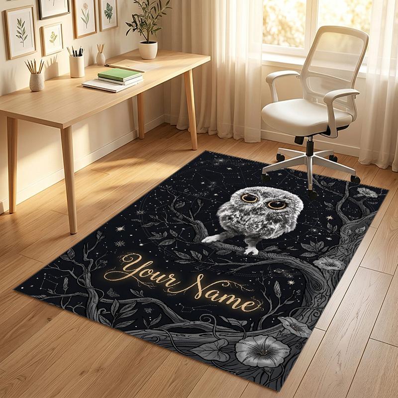 Night Owl Art Theme Soft Crystal Velvet Rug Custom Name & Text Print Non Slip Floor Rug for Bedroom Living Room