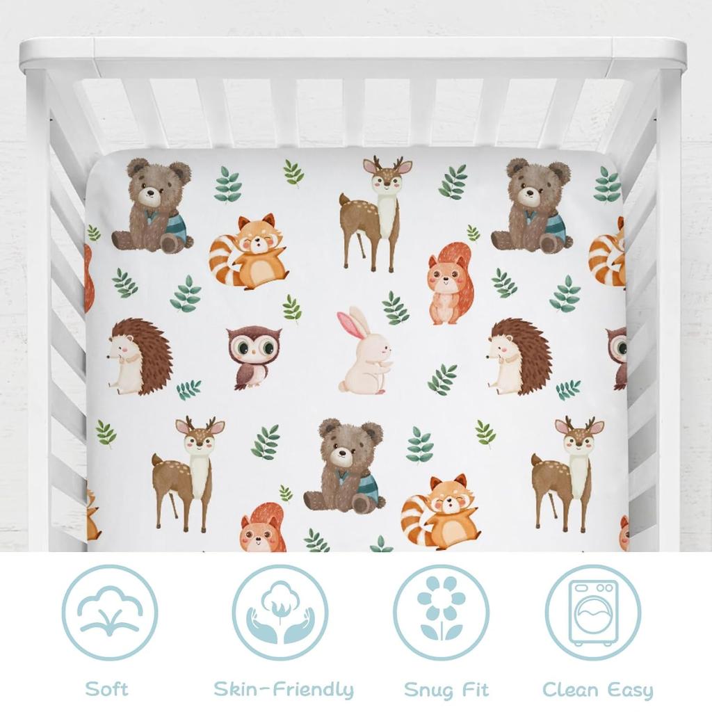 Cute Woodland Animals Leaves Baby Crib Sheet 52''x28'' Bear Raccoon Squirrel Deer Rabbit Hedgehog Owl Fitted Crib Cover for Boy Girl Nursery Crib