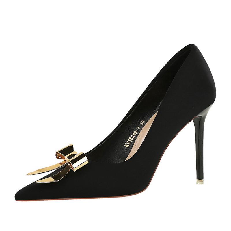 Fashion Fashionable Pointed High Heels Metal Bow Thin Heels Single Shoes For Women's Satin Light Mouth Women's Shoes Elegant And Simple