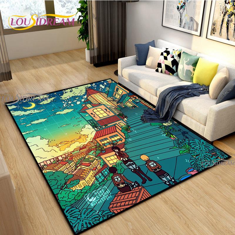 Japanese Anime Night Scene Rugs Child Game Floor Mat Alfombra Cartoon Carpets Modern Home Living Room Decor Washable Floor Rug