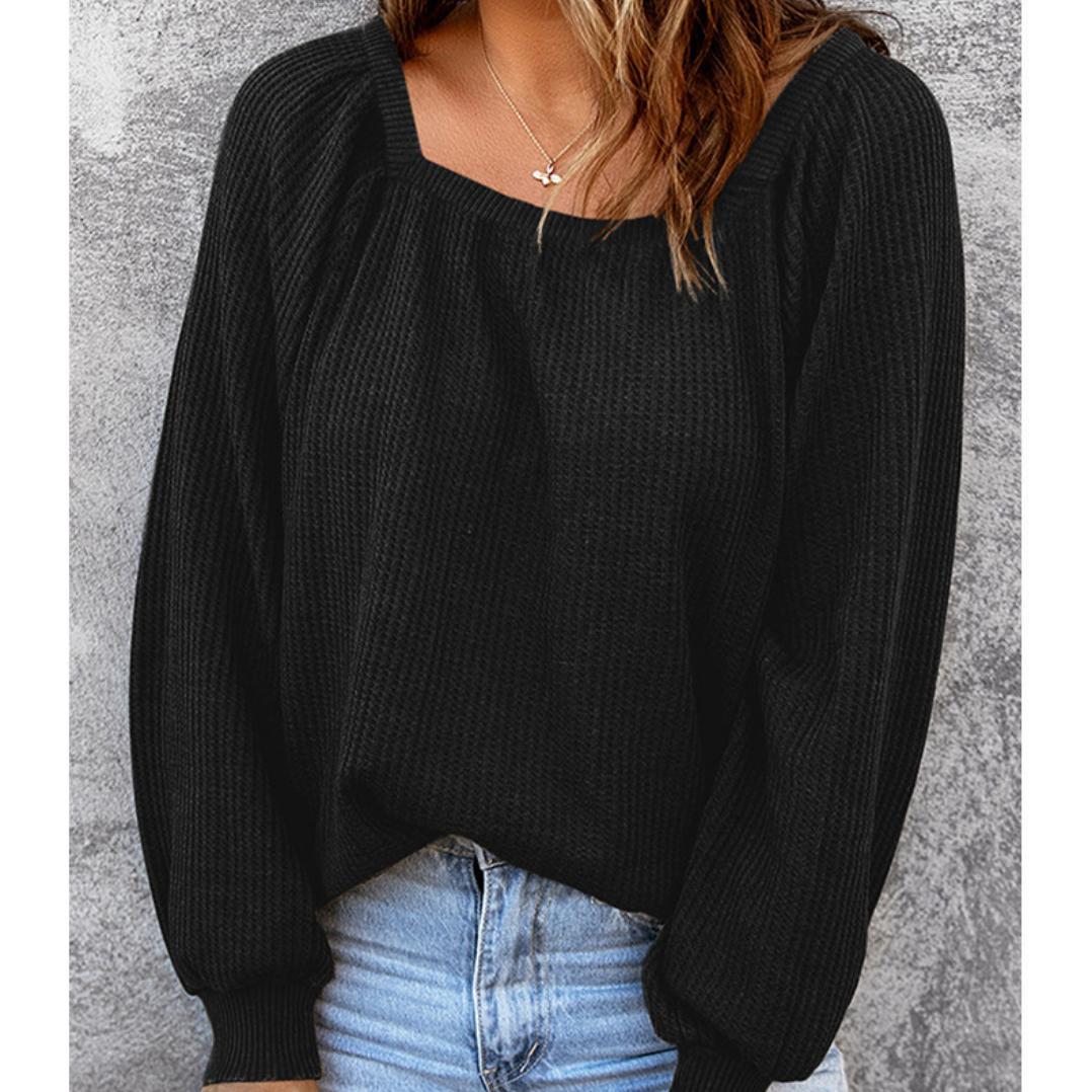 

2023 Весенне-осенний женский однотонный свободный повседневный свитер с квадратным воротником S чёрный