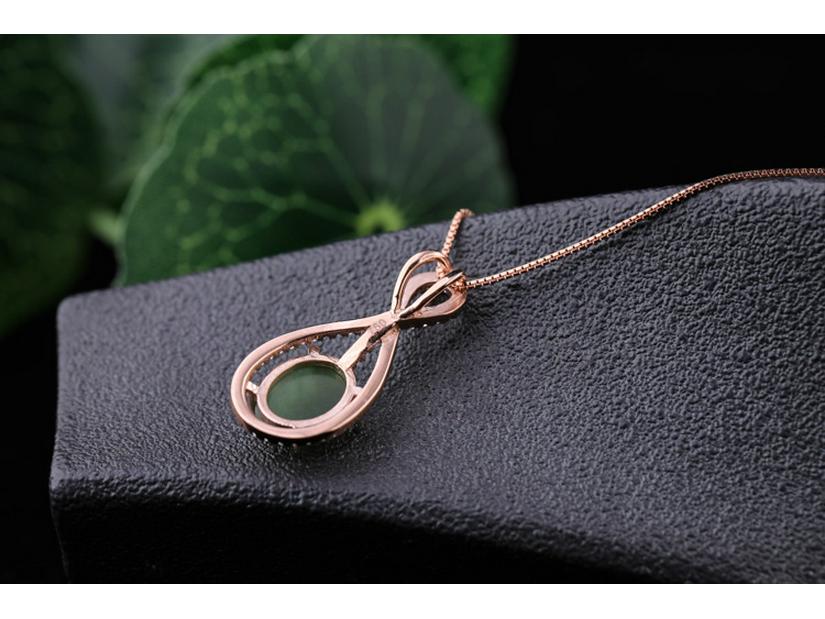 Bridal 4-Piece Set: Rose Gold Plated 925 Silver Earrings, Ring, Necklace with Jasper and Hetian Jade