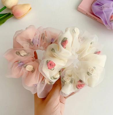 Französische Romantische Rosenblüte Doppellagiges Haarseil Haarbänder Für Mädchen Netz Großer Darm Haargummis Seil Damen Haarschmuck
