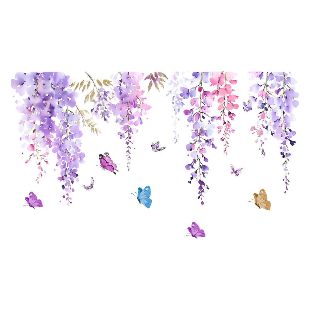 Colorful Pink Purple Wisteria Butterfly Flower Wall Sticker Self Adhesive Decal for Bedroom Living Room Hallway Home Decor