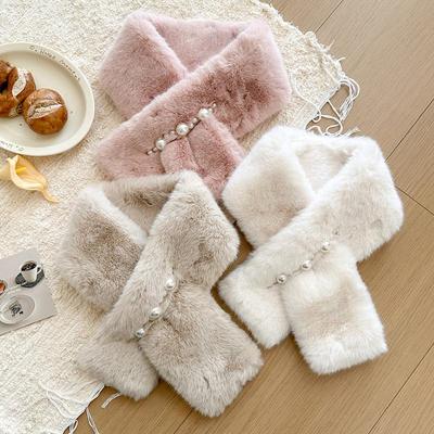 Women Elegant Pearl Plush Scarf Solid Color Faux Rabbit Fur Cross Scarf Snood JK Korean Girls Neck Warmer Collars Neckerchief