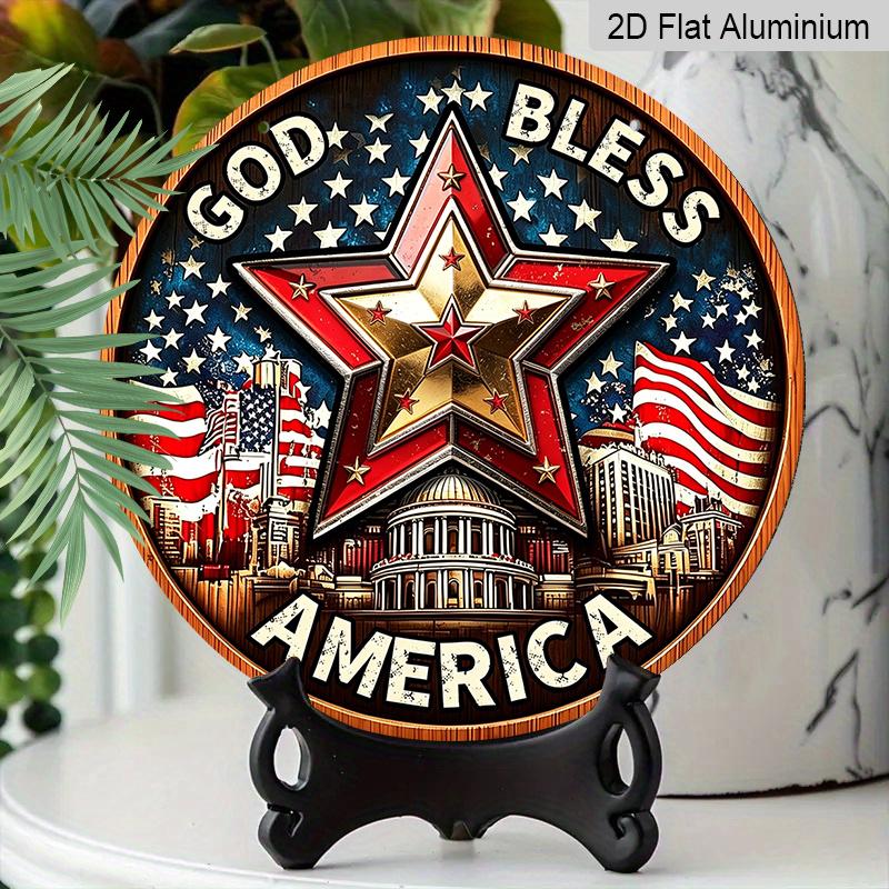 2D Flat Retro Round Aluminum Wall Hanging, Independence Day Five-pointed Star Design, Indoor Outdoor Wall Decor, Home Commemorative Gift