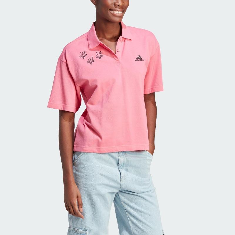 Adidas Scribble Graffiti Loose Fit Short Sleeve Polo Shirt Women Tops Pink Black IJ8745